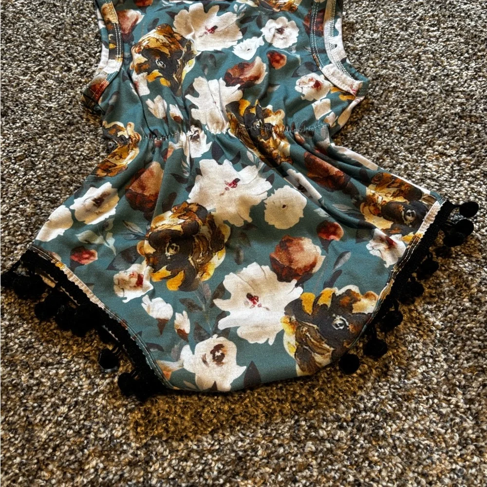 Floral Baby Romper with Pom Pom Trim